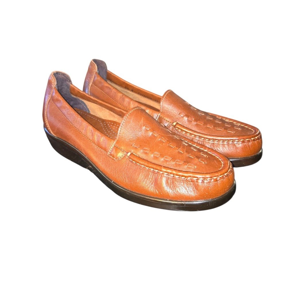 SAS Weave Slip On Loafers Womens 7.5 NARROW Brown Leather Tripad Wedge Heel NEW